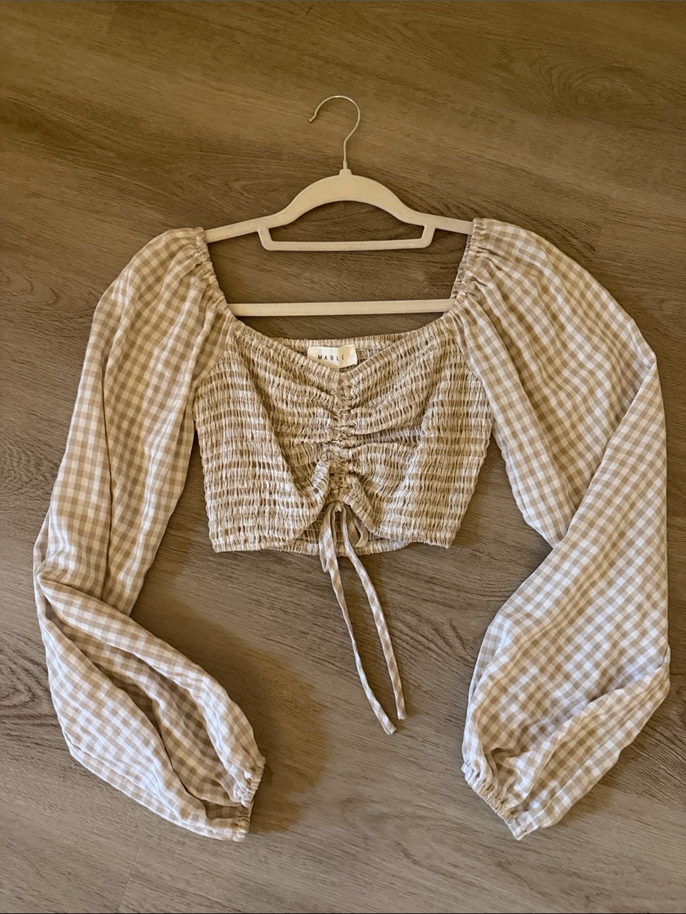 MARBLE Beige Gingham Ruched Tie-Front Puff Sleeve Crop Top